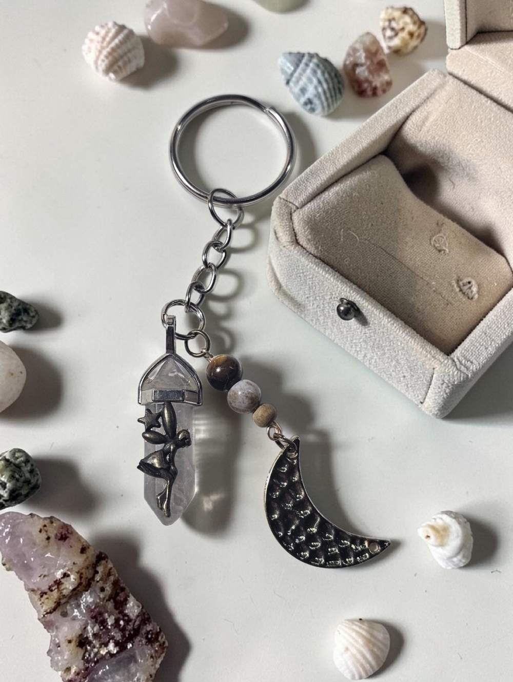 Moon & Crystal Fairy Keychain Charm - Silver with Natural Stone Beads